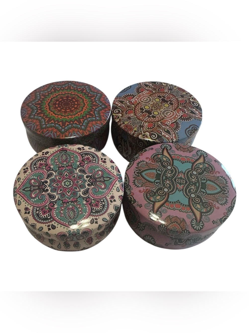 Set of 4 Round Decorative Tin Boxes - Paisley Mandala Designs